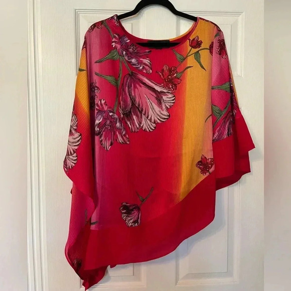 Asymmetric Poncho Blouse| Red Multi Color| Medium - Picture 2 of 9